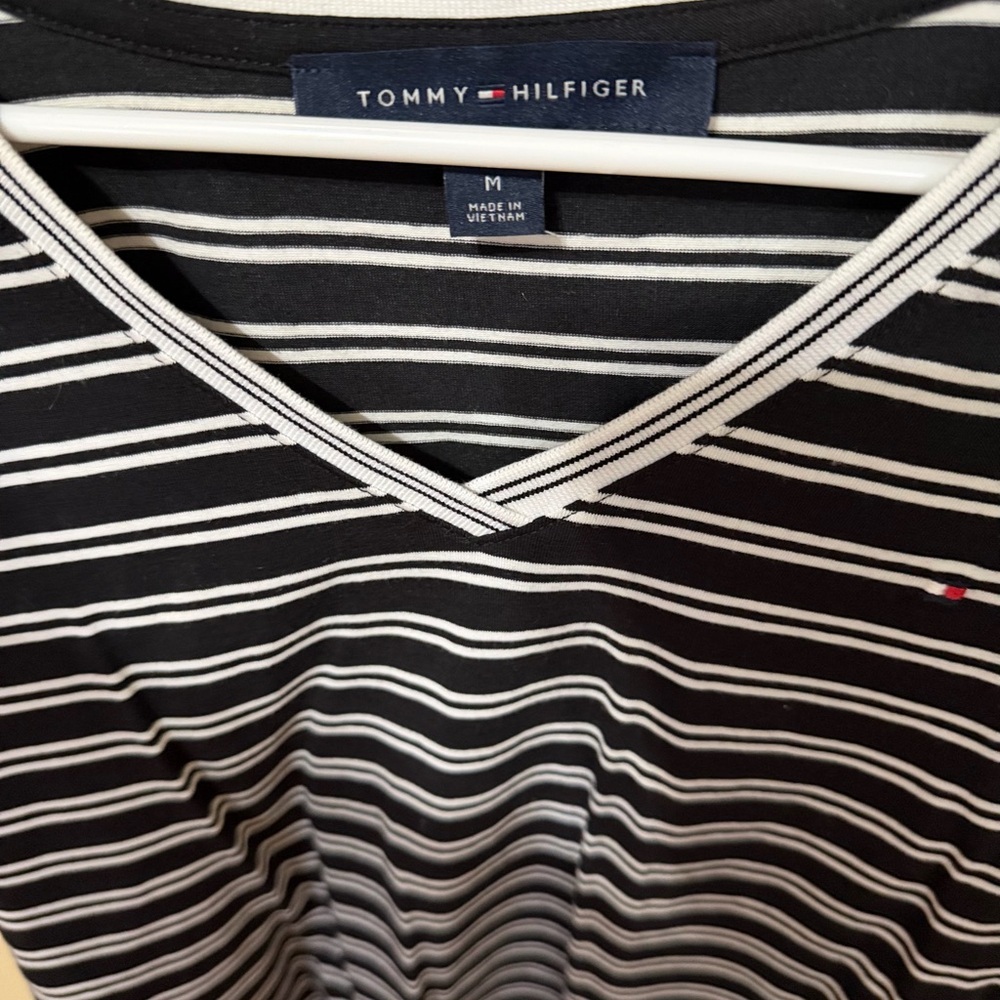 Tommy Hilfiger Black and White Striped V-Neck Tee - Picture 2 of 3